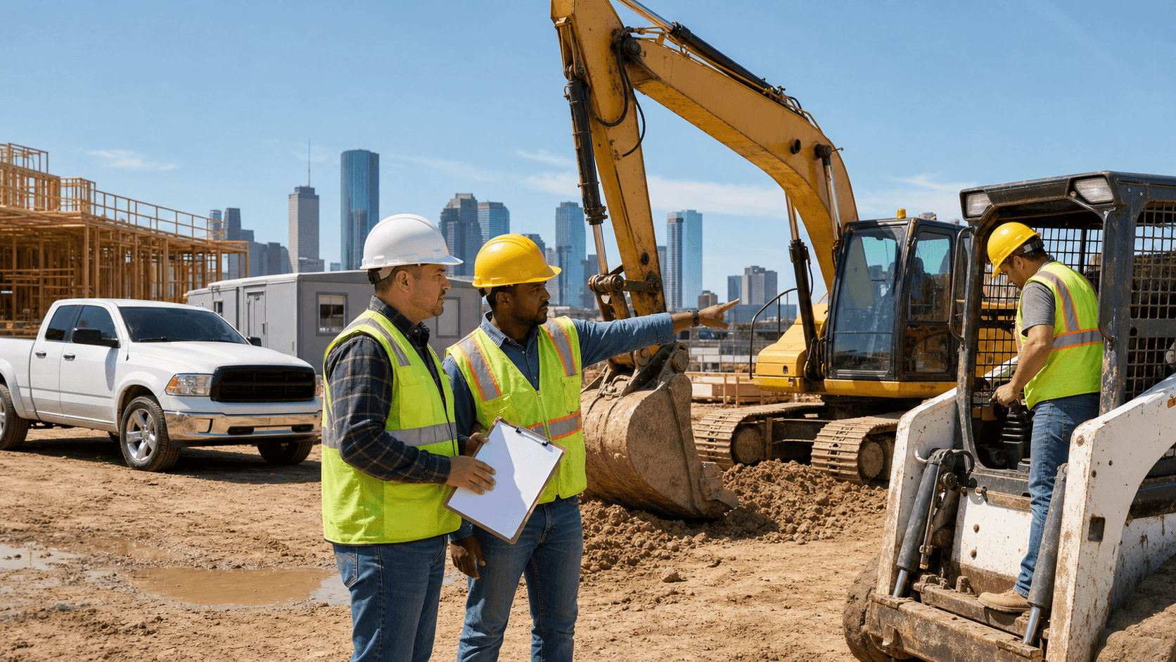 Yellow excavator and dump truck at a Houston construction site, with a split-screen overlay of lease, loan, rental icons.