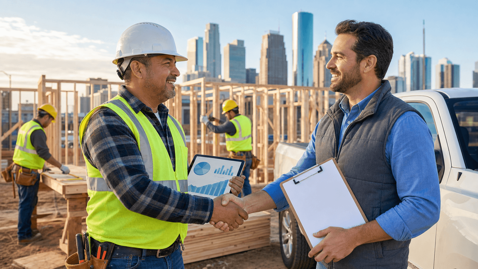 Houston skyline behind a hard hat and blueprints on a desk, warm sunset light with orange and teal tones.